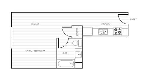 Floor plan for studio, 1 bath, 516 sqft